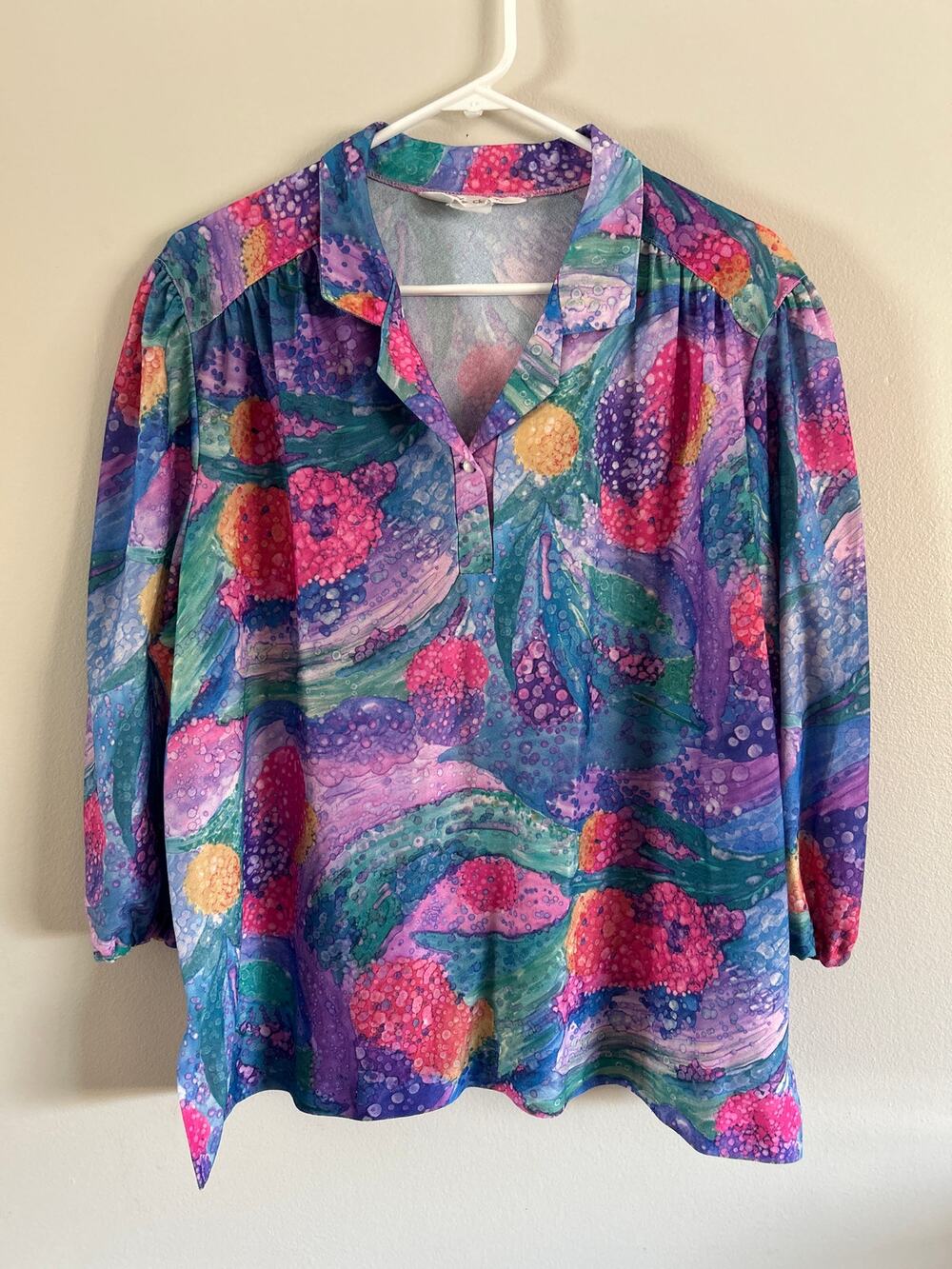 Vintage Lady Devon Abstract Floral Print Blouse Pearl Button Top